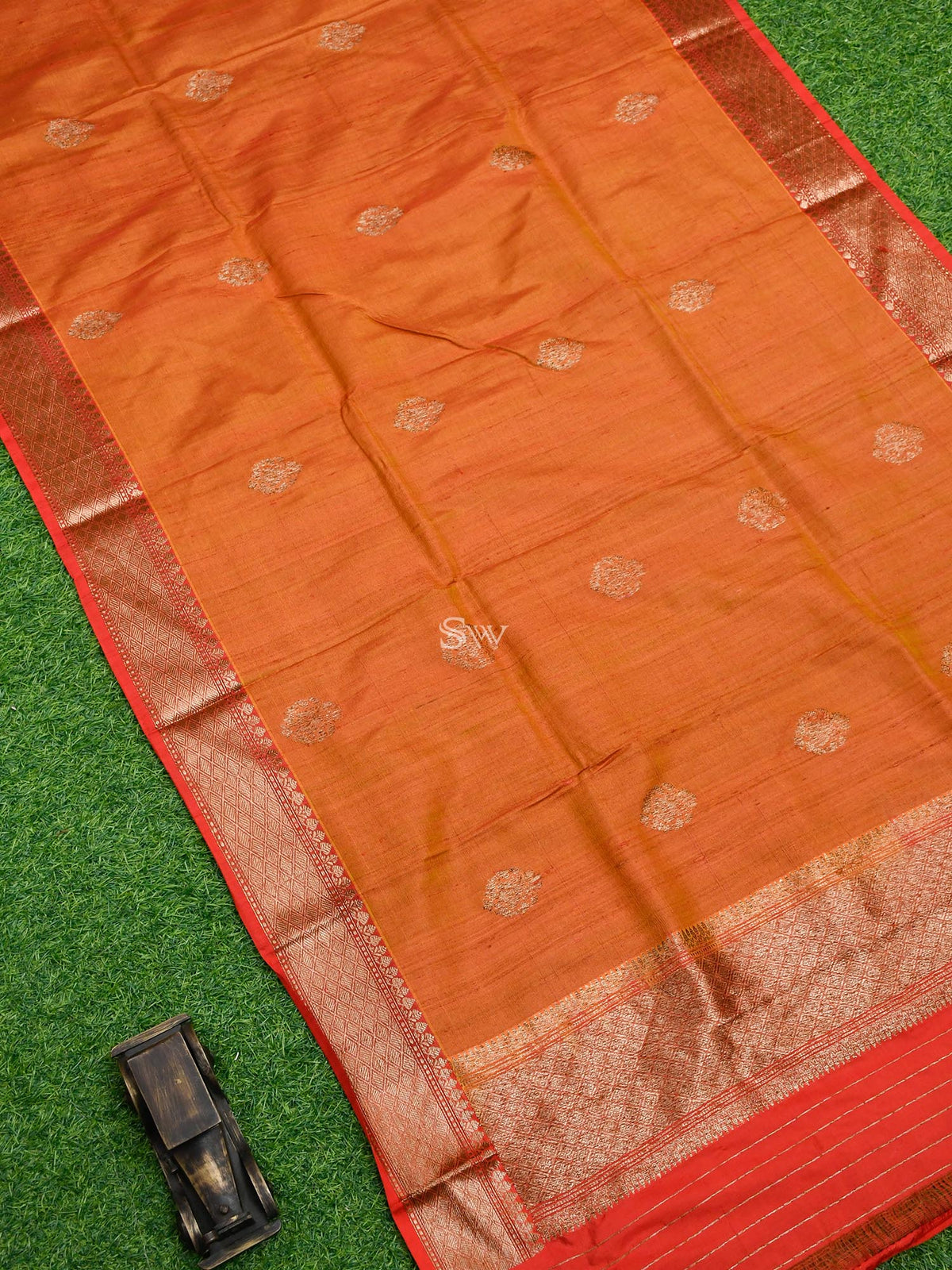 Orange-Red Tussar Silk Handloom Banarasi Dupatta - Sacred Weaves