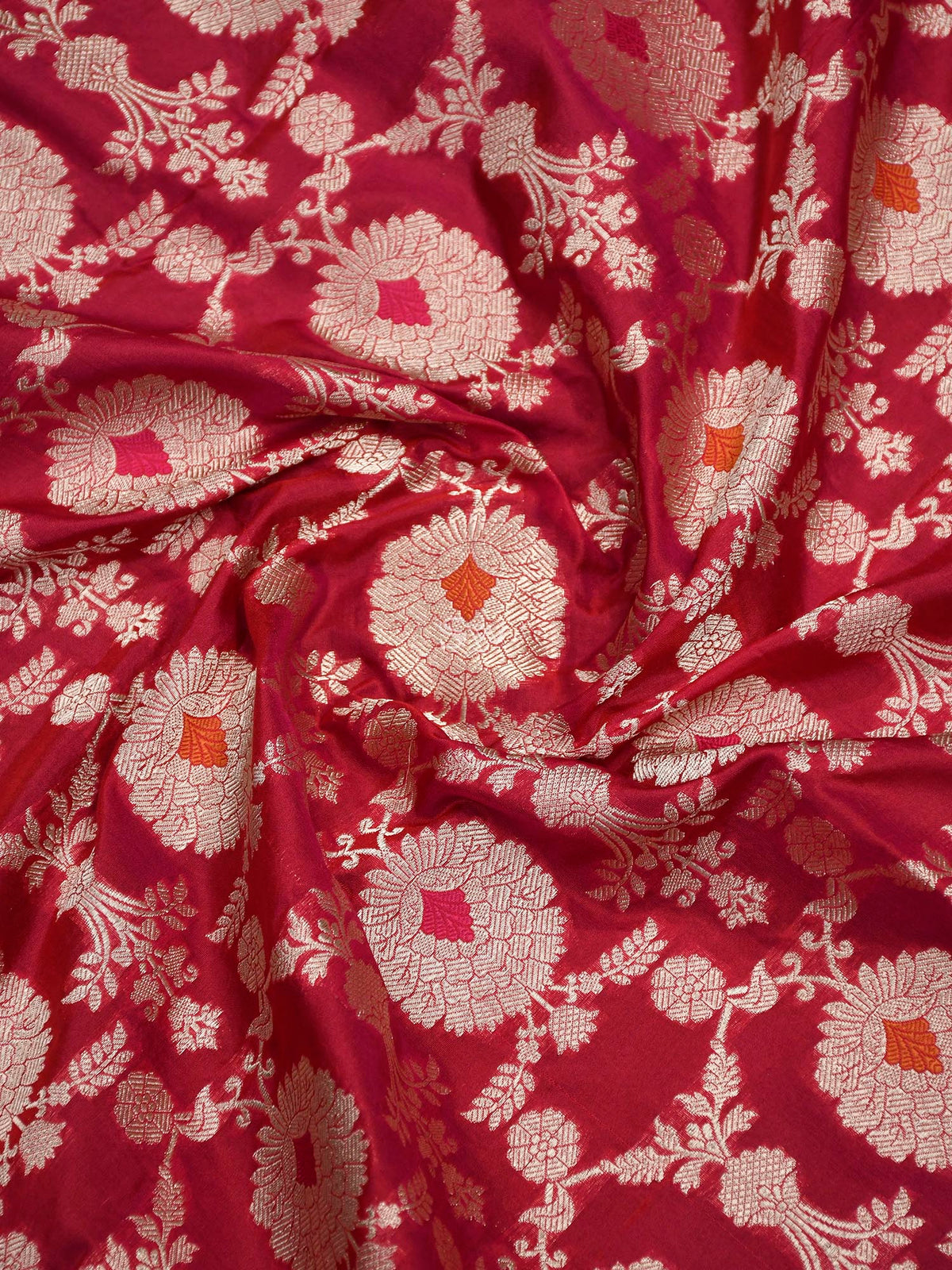 Red Pink Jaal Katan Silk Handloom Banarasi Dupatta - Sacred Weaves