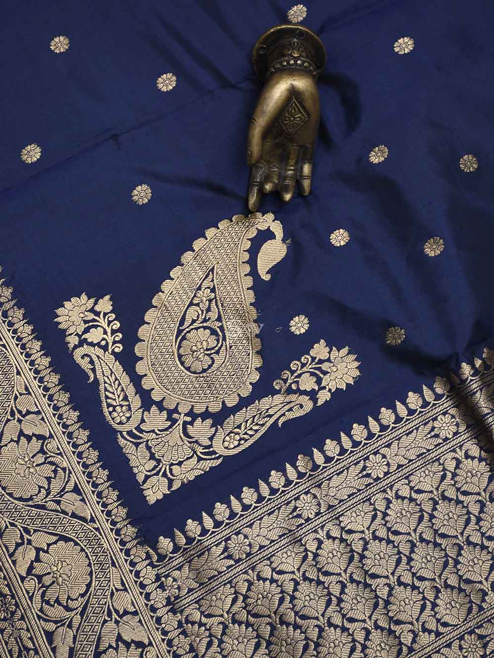 Navy Blue Konia Katan Silk Handloom Banarasi Dupatta - Sacred Weaves