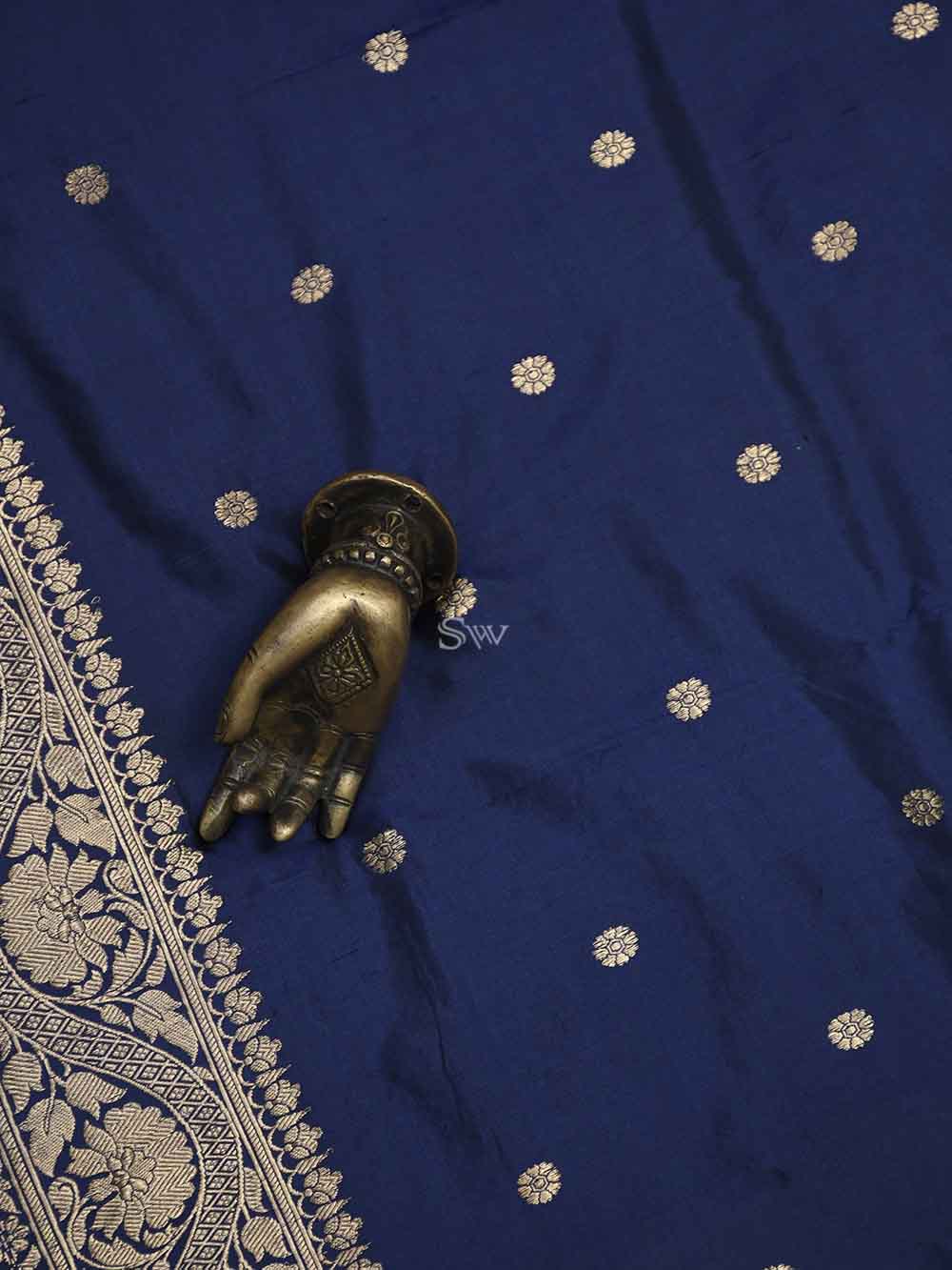Navy Blue Konia Katan Silk Handloom Banarasi Dupatta - Sacred Weaves