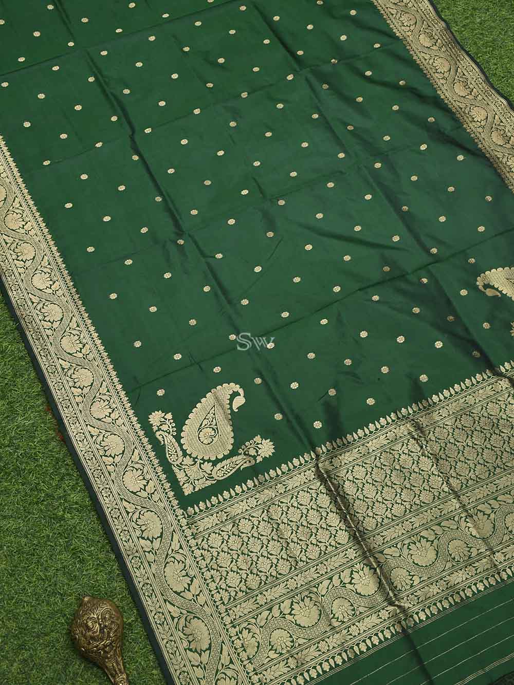Bottle Green Konia Katan Silk Handloom Banarasi Dupatta - Sacred Weaves