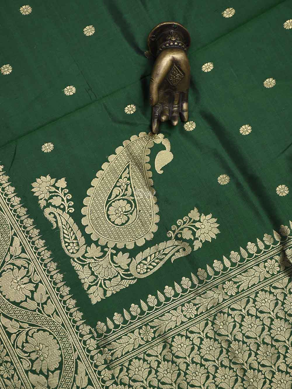 Bottle Green Konia Katan Silk Handloom Banarasi Dupatta - Sacred Weaves