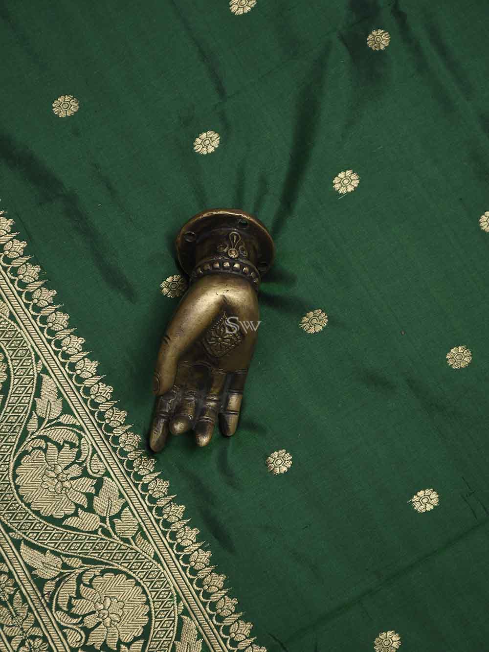 Bottle Green Konia Katan Silk Handloom Banarasi Dupatta - Sacred Weaves