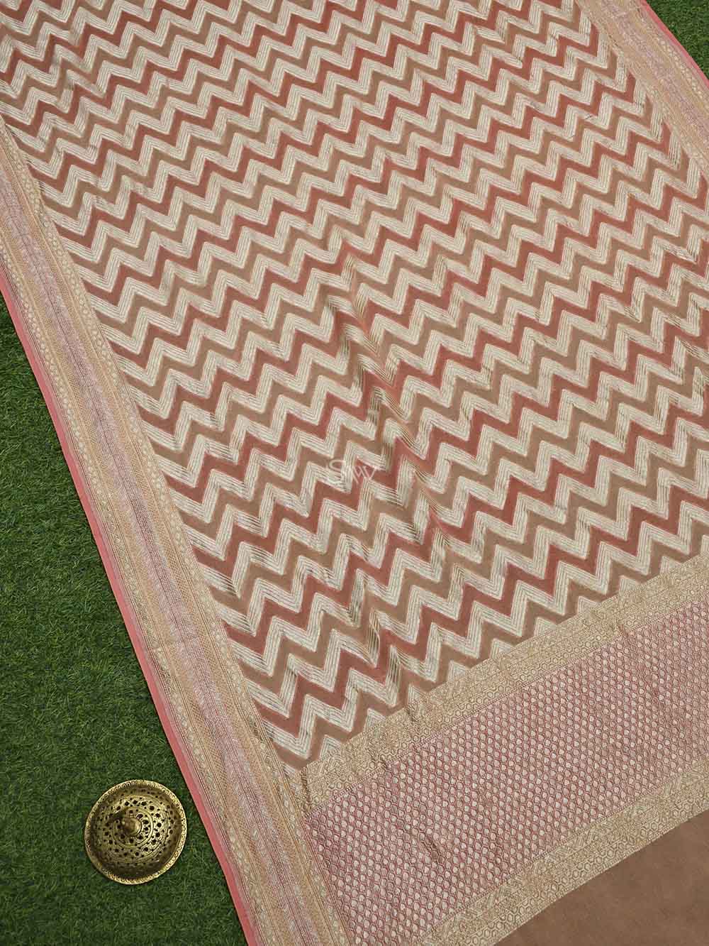 Coral Peach Zig Zag Khaddi Georgette Handloom Banarasi Dupatta - Sacred Weaves