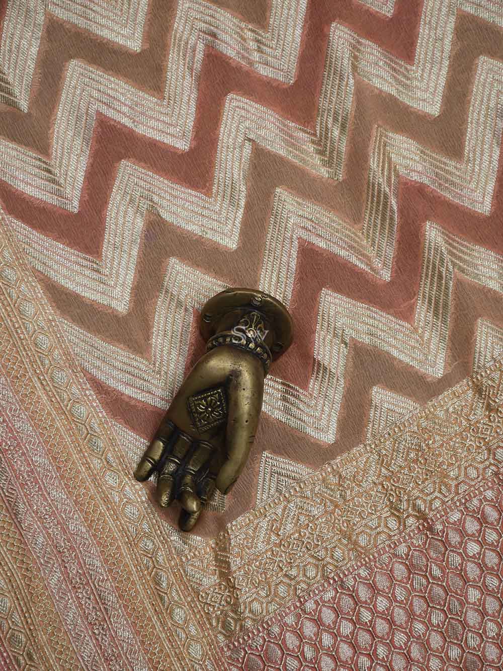 Coral Peach Zig Zag Khaddi Georgette Handloom Banarasi Dupatta - Sacred Weaves