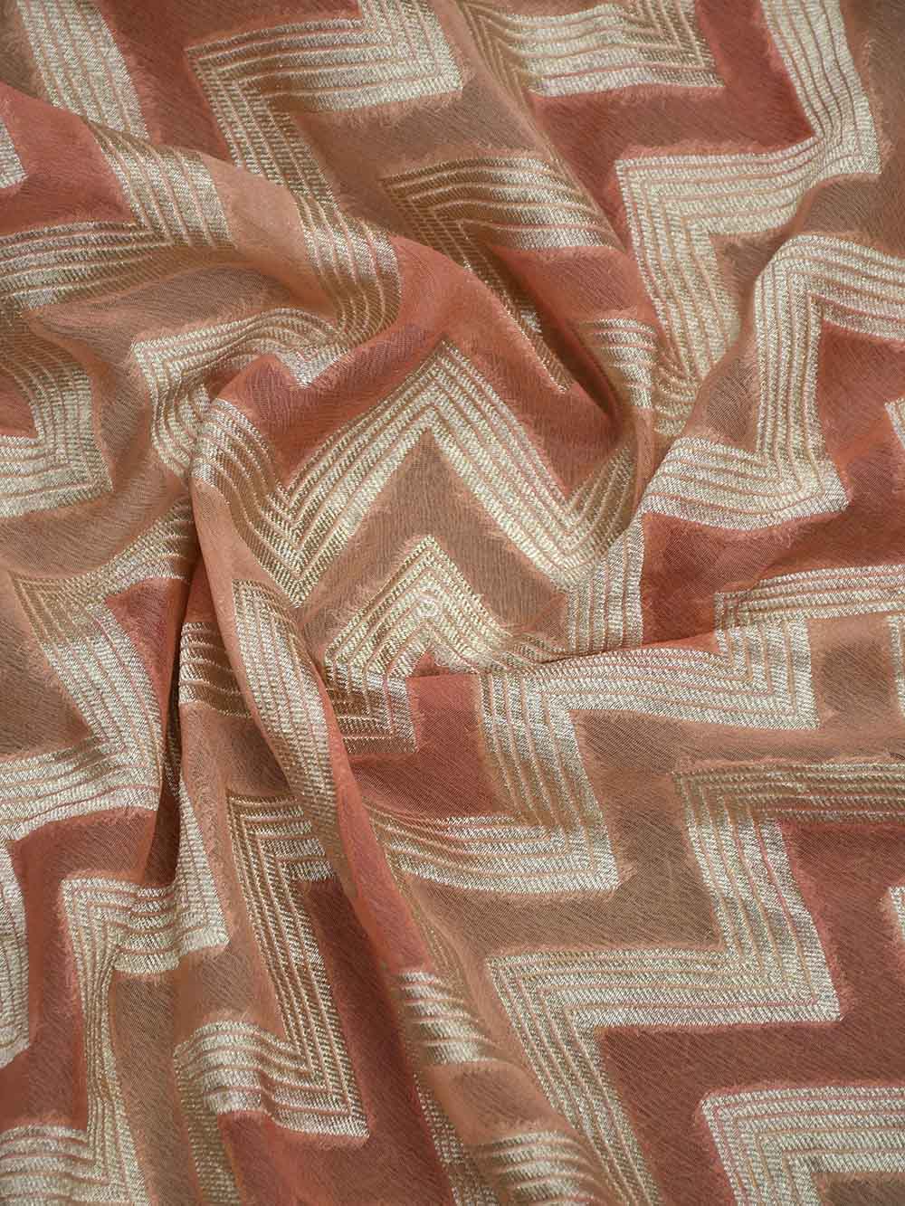 Coral Peach Zig Zag Khaddi Georgette Handloom Banarasi Dupatta - Sacred Weaves