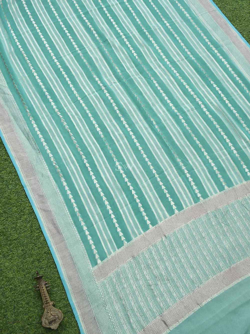 Sea Green Stripe Khaddi Georgette Handloom Banarasi Dupatta - Sacred Weaves