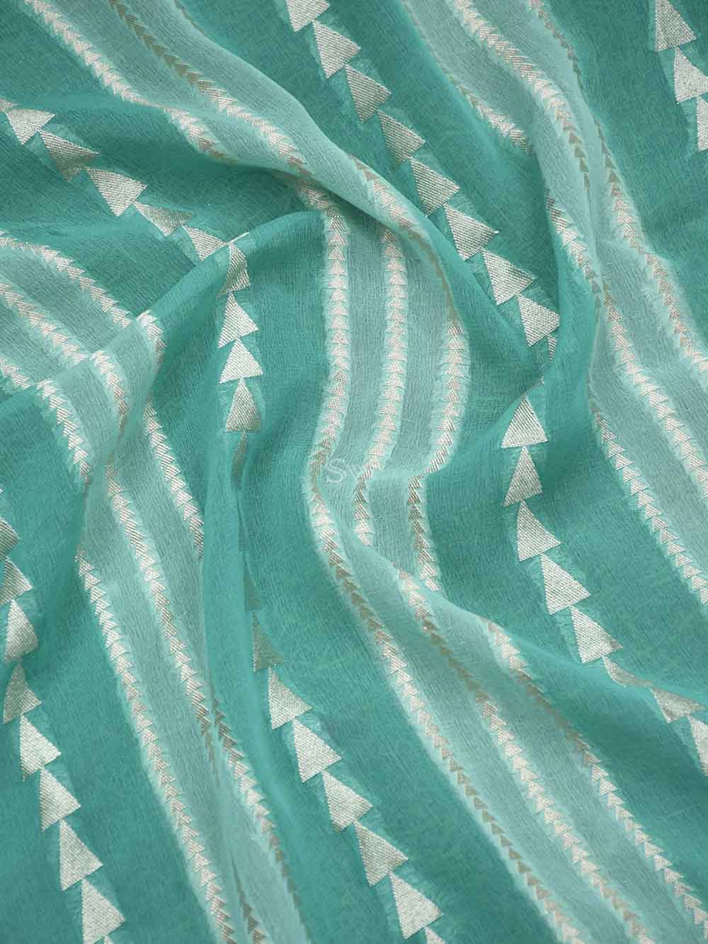 Sea Green Stripe Khaddi Georgette Handloom Banarasi Dupatta - Sacred Weaves