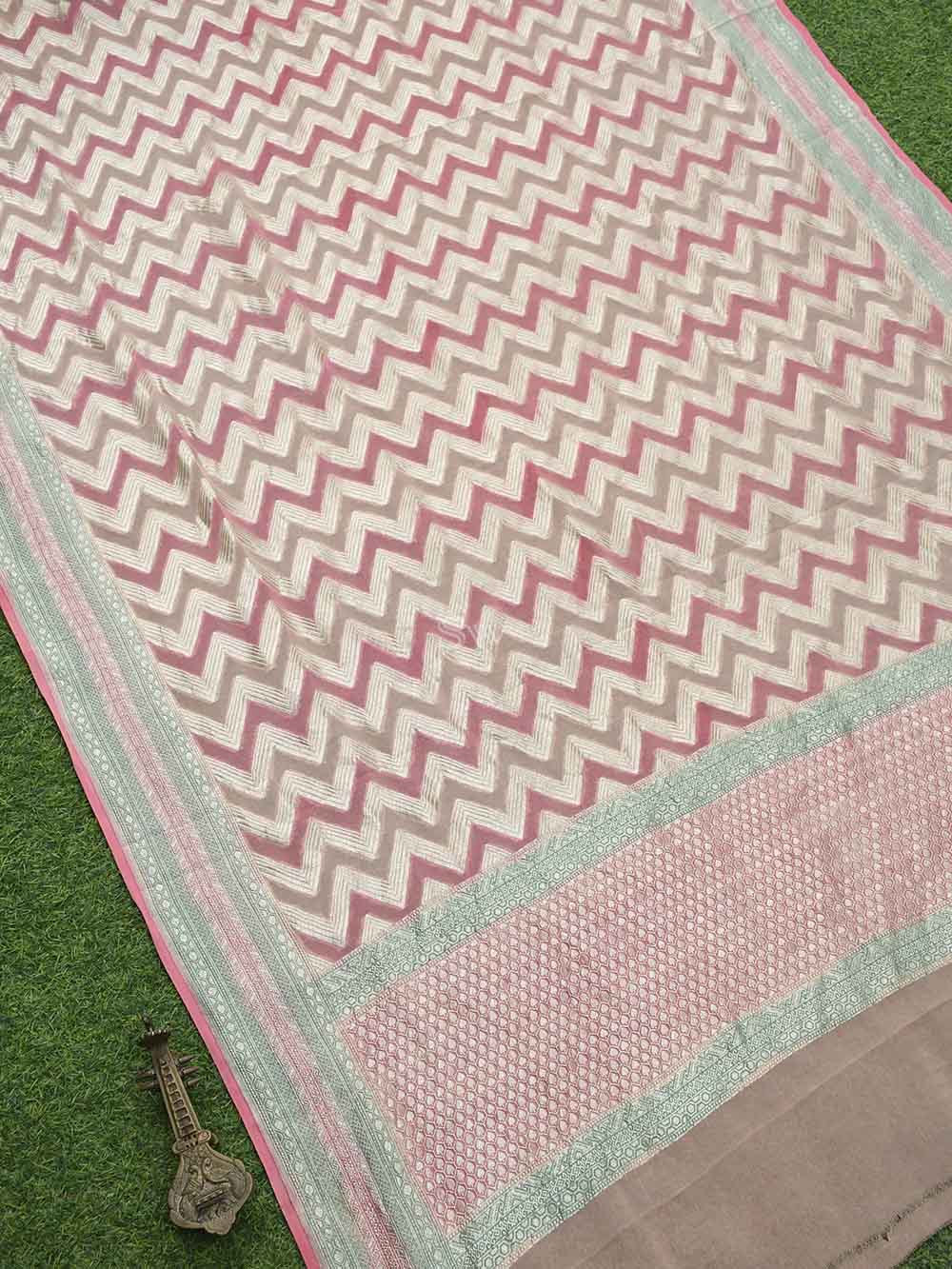 Peach Pink Zig Zag Khaddi Georgette Handloom Banarasi Dupatta - Sacred Weaves