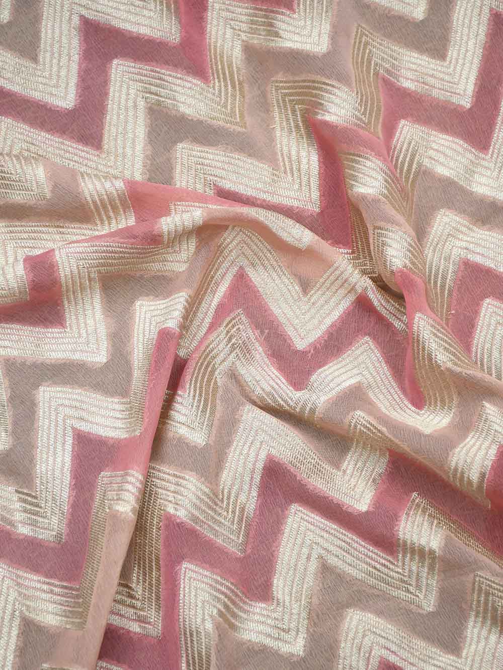 Peach Pink Zig Zag Khaddi Georgette Handloom Banarasi Dupatta - Sacred Weaves