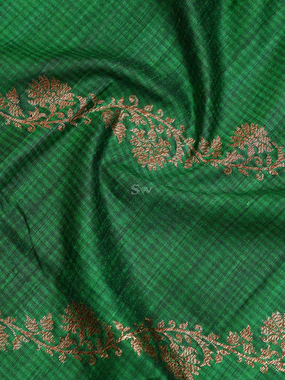 Dark Green Dupion Silk Handloom Banarasi Dupatta - Sacred Weaves