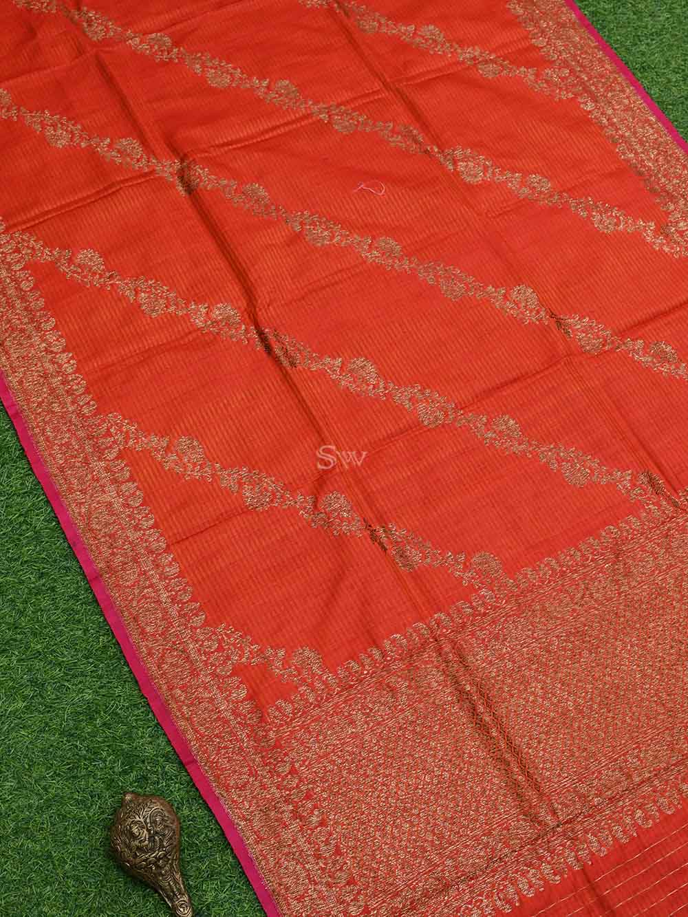 Orange Red Dupion Silk Handloom Banarasi Dupatta - Sacred Weaves