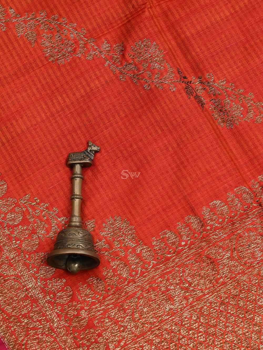 Orange Red Dupion Silk Handloom Banarasi Dupatta - Sacred Weaves