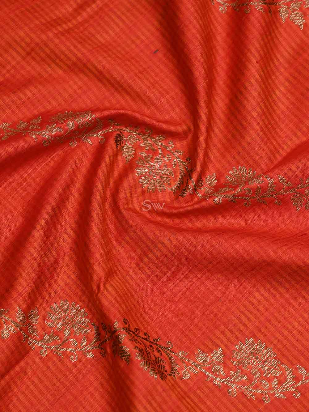 Orange Red Dupion Silk Handloom Banarasi Dupatta - Sacred Weaves