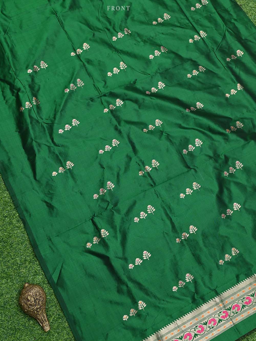 Bottle Green Meenakari Katan Silk Handloom Banarasi Suit - Sacred Weaves