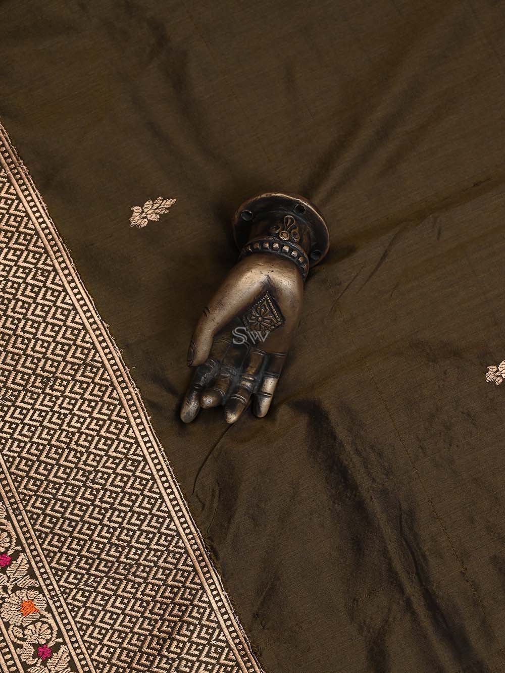 Dark Moss Green Meenakari Katan Silk Handloom Banarasi Suit - Sacred Weaves