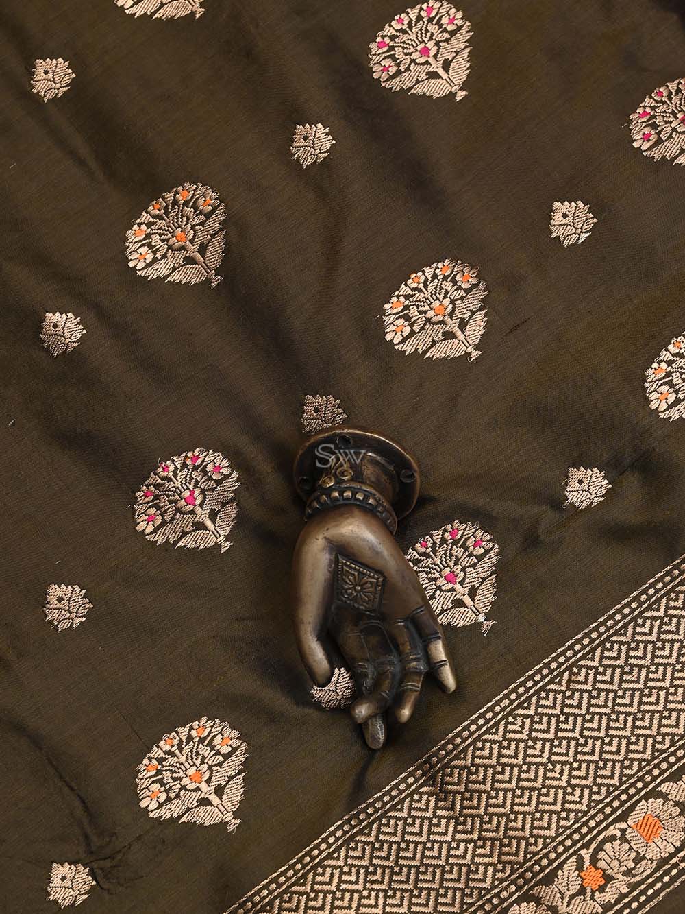 Dark Moss Green Meenakari Katan Silk Handloom Banarasi Suit - Sacred Weaves