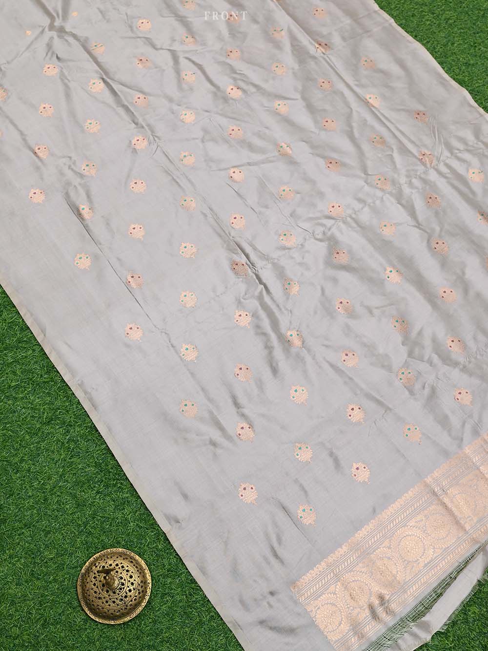 Light Grey Meenakari Katan Silk Handloom Banarasi Suit - Sacred Weaves
