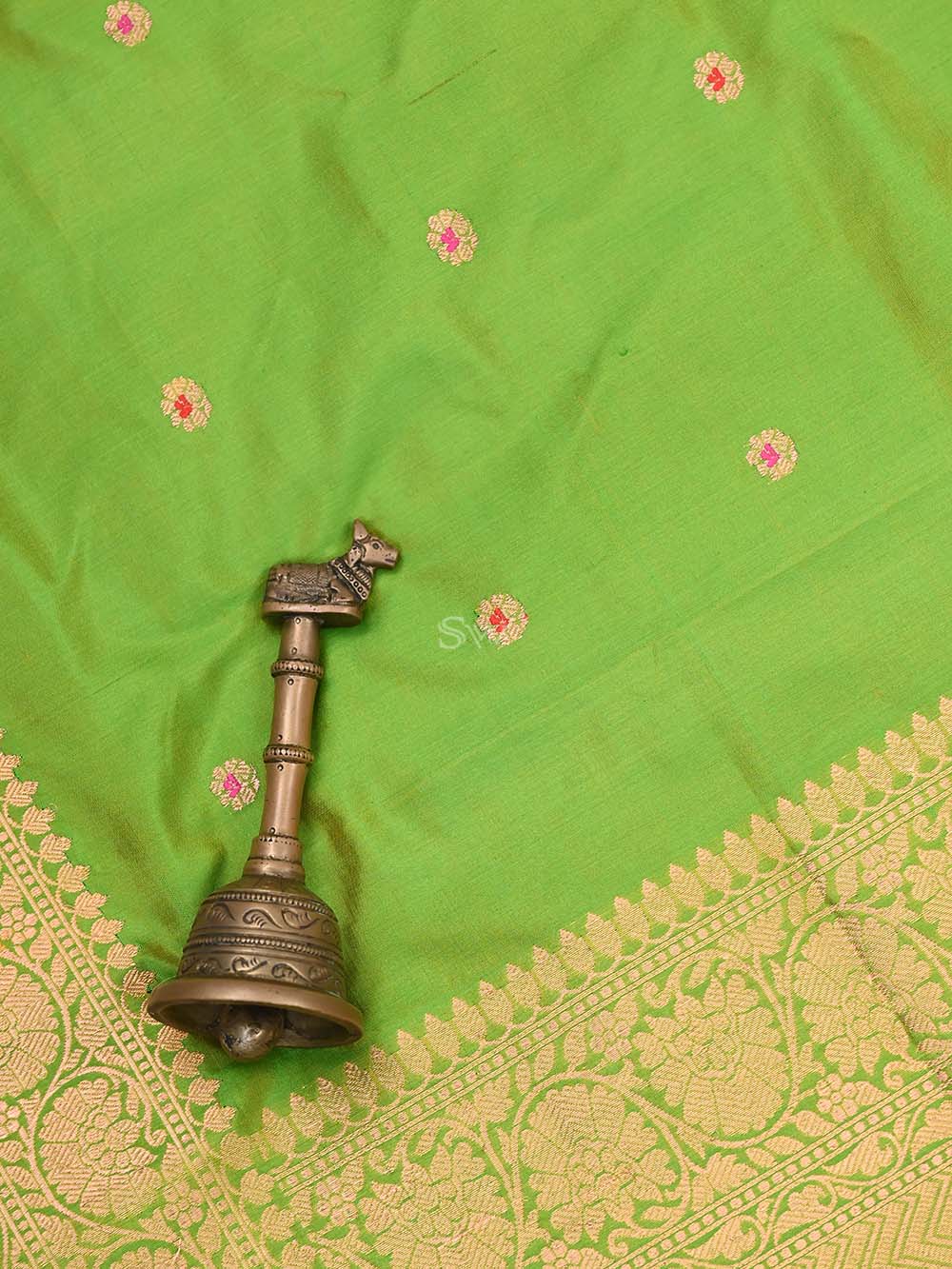 Parrot Green Katan Silk Handloom Banarasi Dupatta - Sacred Weaves