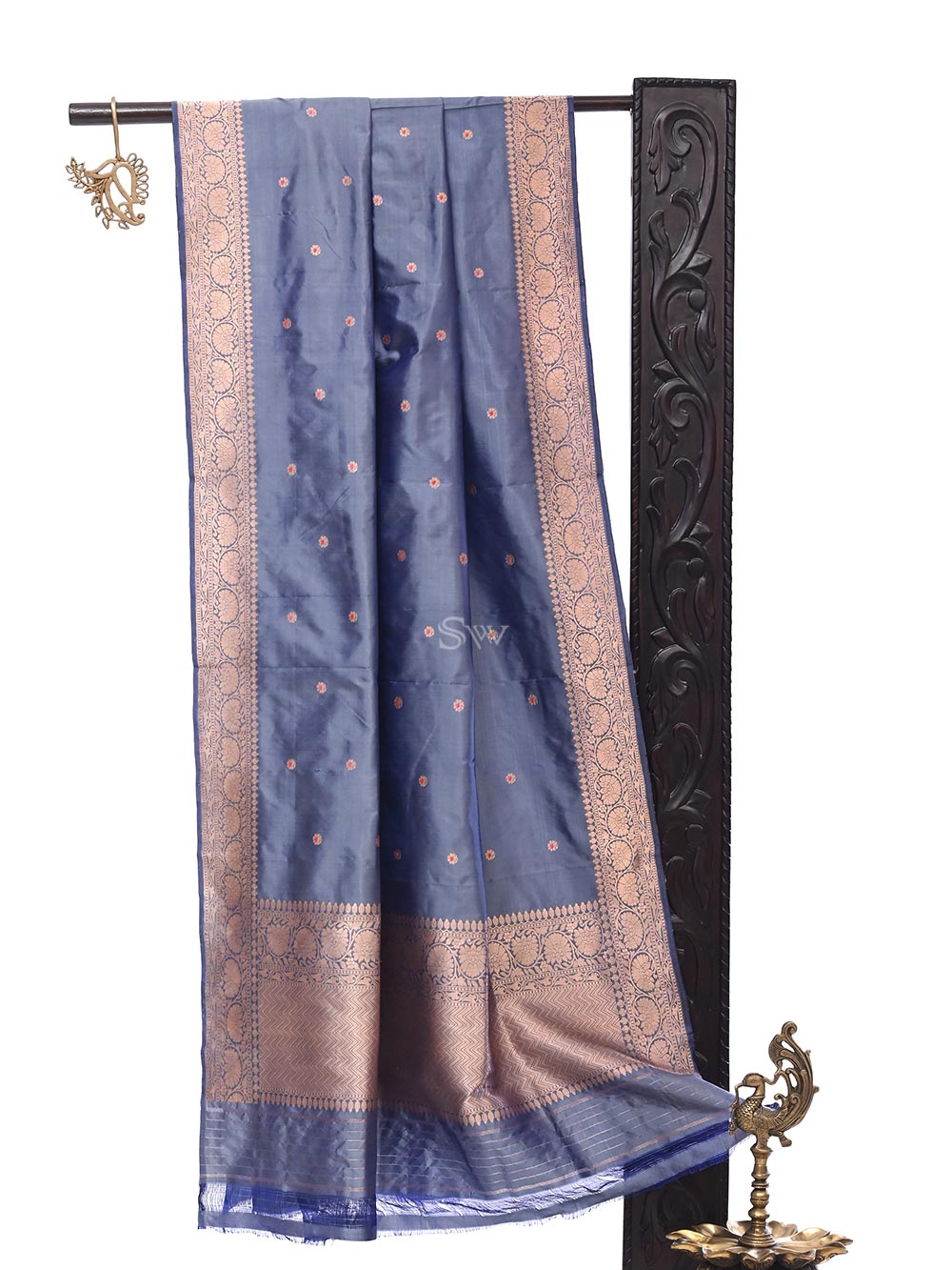 Grey Katan Silk Handloom Banarasi Dupatta - Sacred Weaves