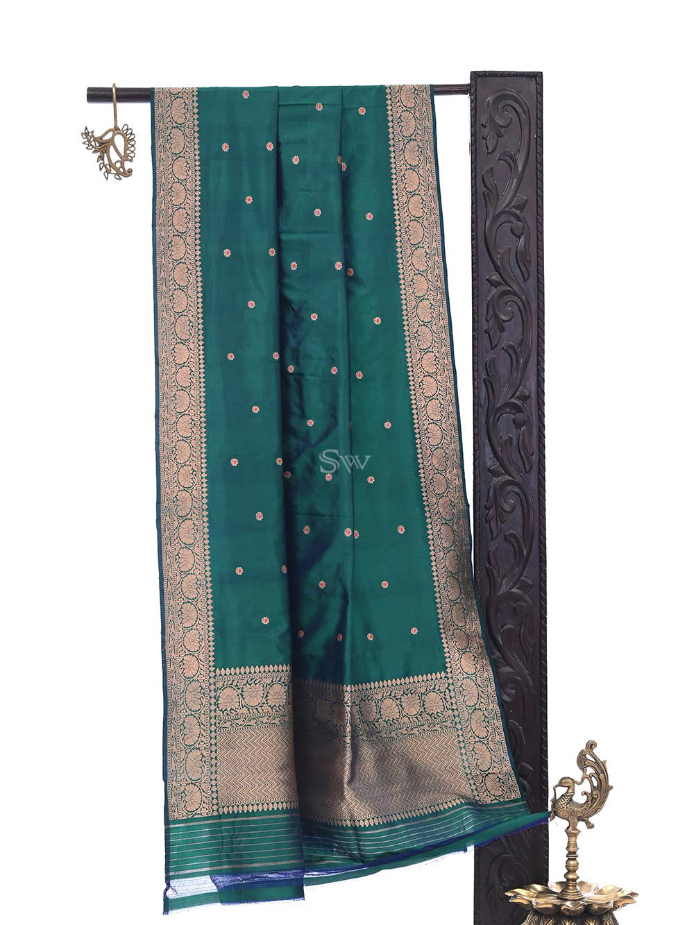 Green Blue Katan Silk Handloom Banarasi Dupatta - Sacred Weaves