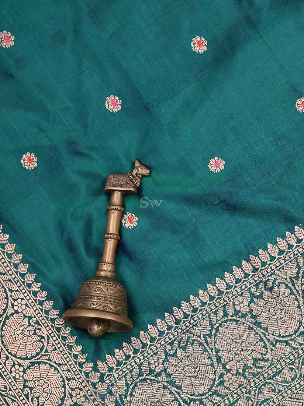 Green Blue Katan Silk Handloom Banarasi Dupatta - Sacred Weaves