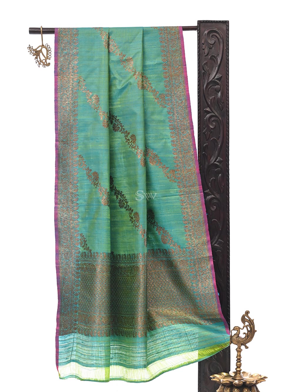 Blue Yellow Dupion Silk Handloom Banarasi Dupatta - Sacred Weaves