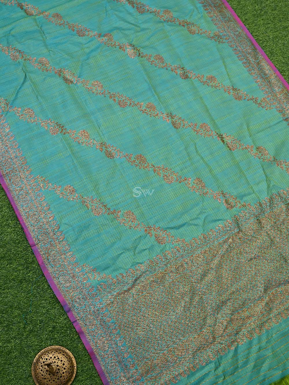 Blue Yellow Dupion Silk Handloom Banarasi Dupatta - Sacred Weaves