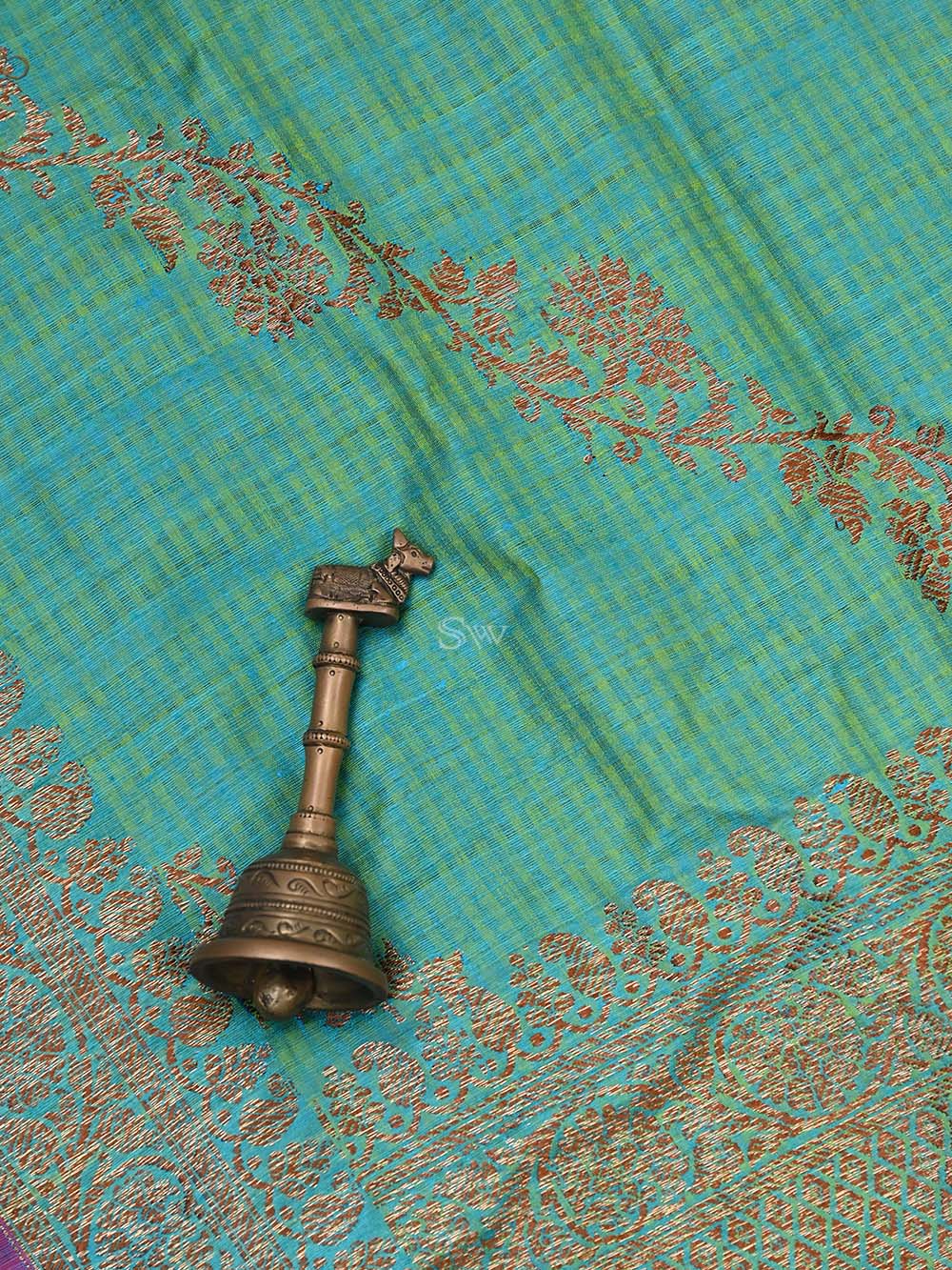 Blue Yellow Dupion Silk Handloom Banarasi Dupatta - Sacred Weaves