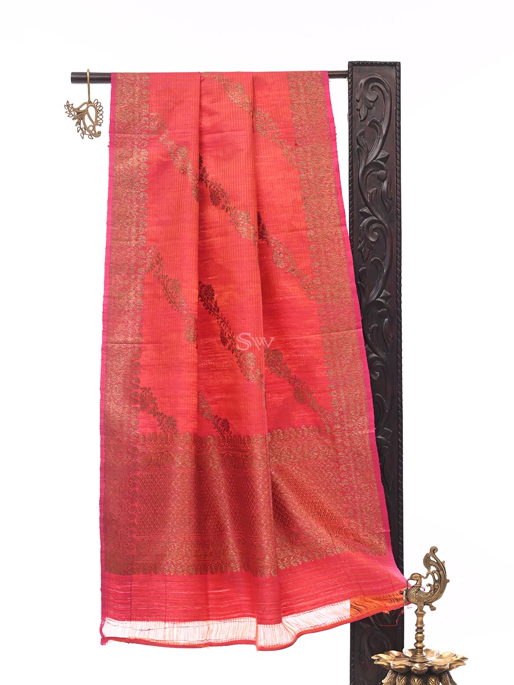 Pink Orange Dupion Silk Handloom Banarasi Dupatta - Sacred Weaves