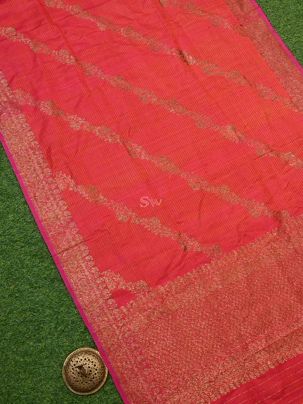 Pink Orange Dupion Silk Handloom Banarasi Dupatta - Sacred Weaves