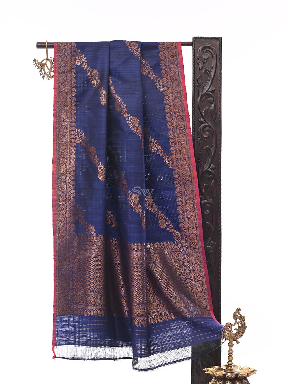 Navy Blue Dupion Silk Handloom Banarasi Dupatta - Sacred Weaves