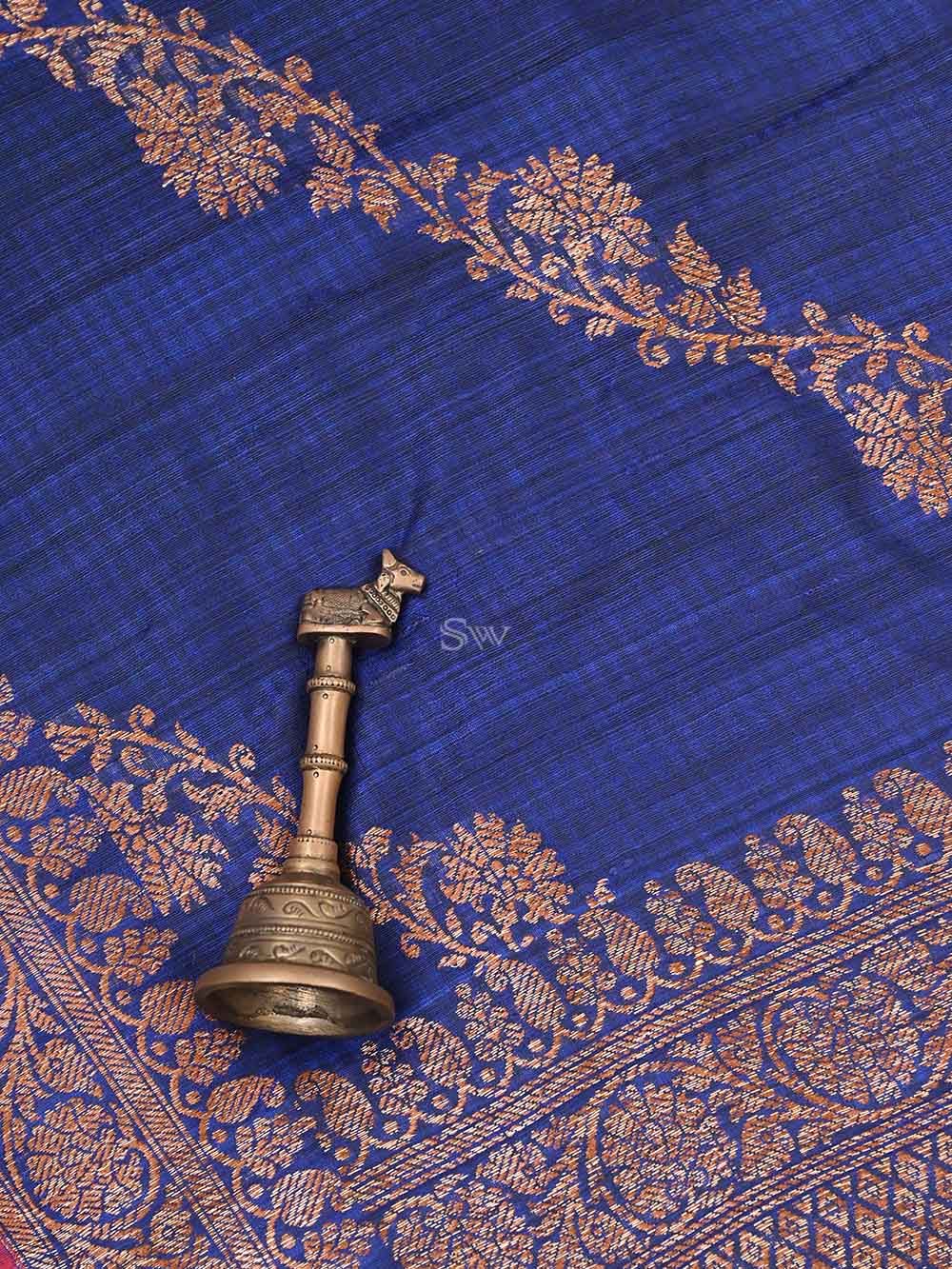 Navy Blue Dupion Silk Handloom Banarasi Dupatta - Sacred Weaves