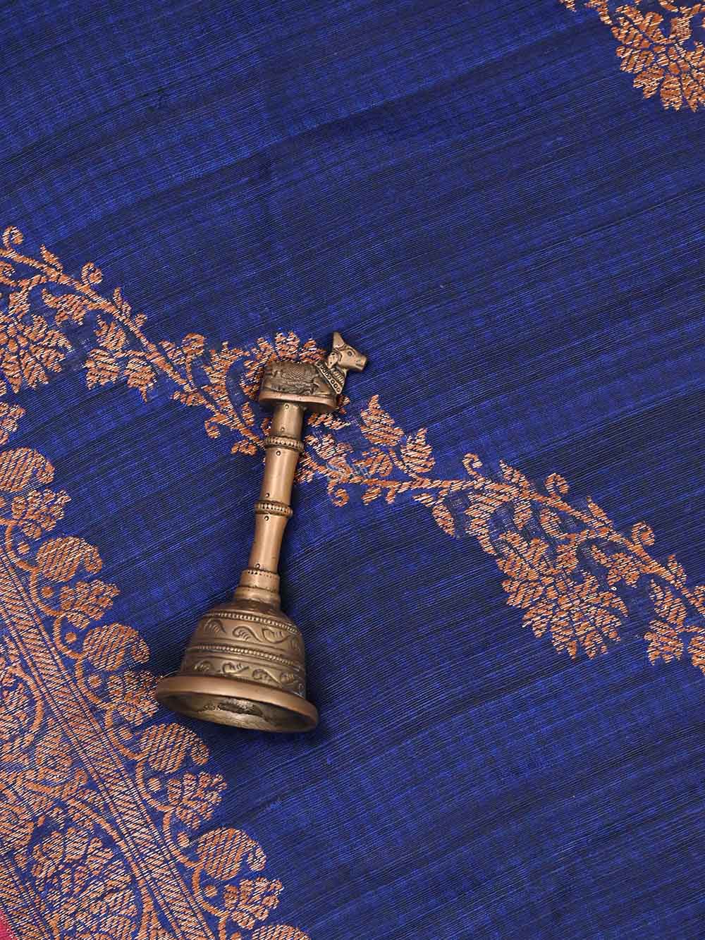 Navy Blue Dupion Silk Handloom Banarasi Dupatta - Sacred Weaves