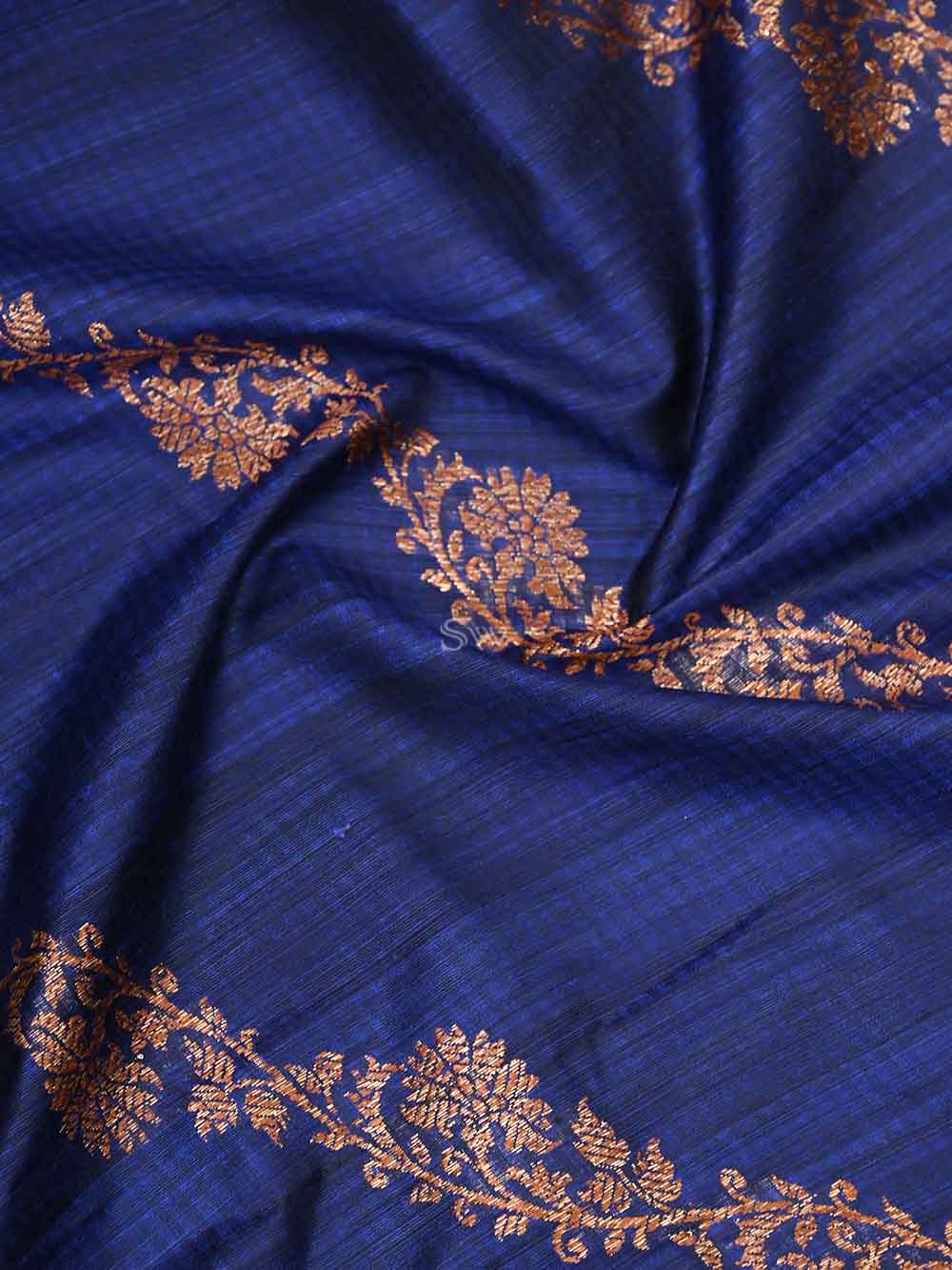 Navy Blue Dupion Silk Handloom Banarasi Dupatta - Sacred Weaves