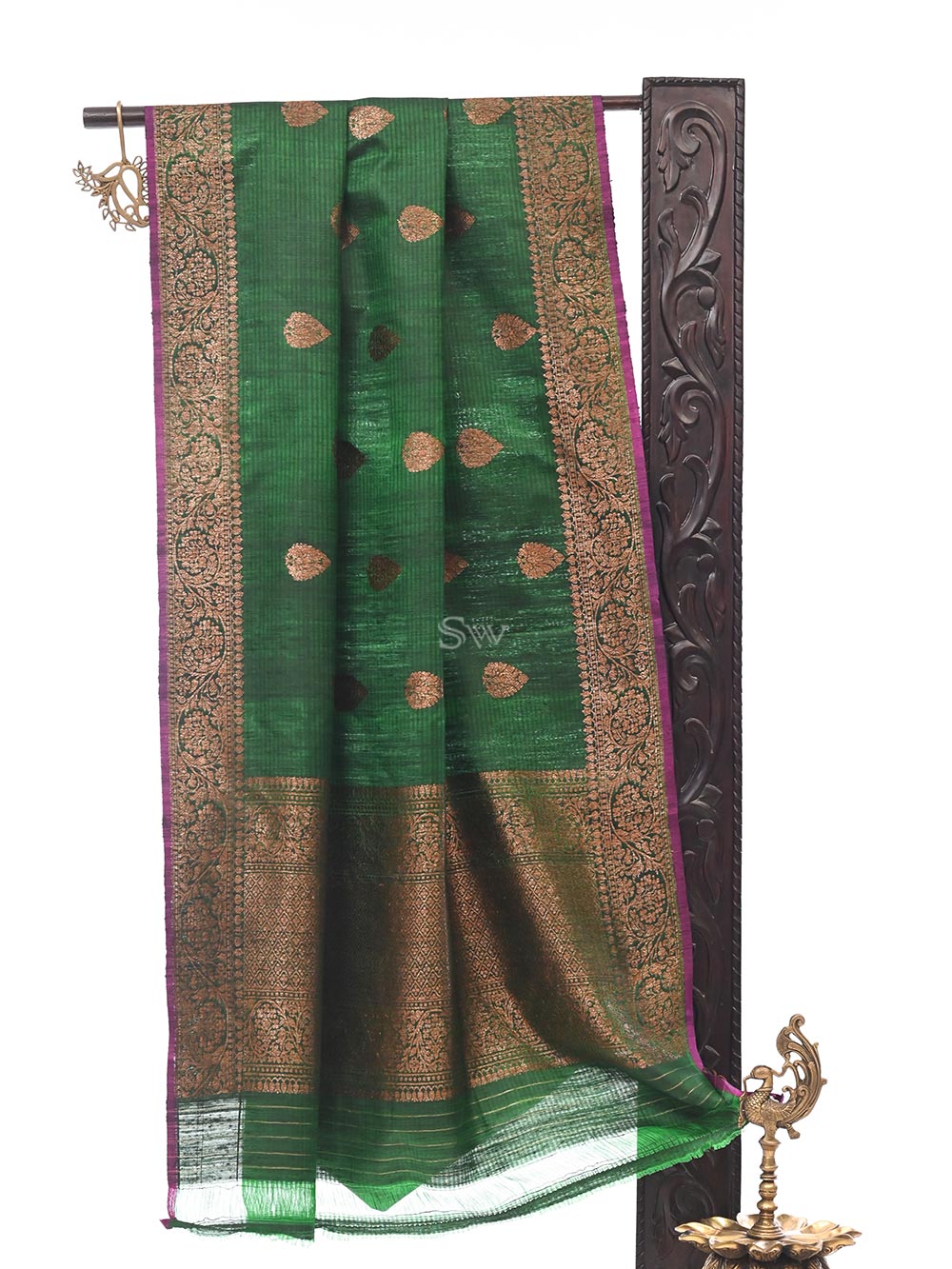 Bottle Green Dupion Silk Handloom Banarasi Dupatta - Sacred Weaves