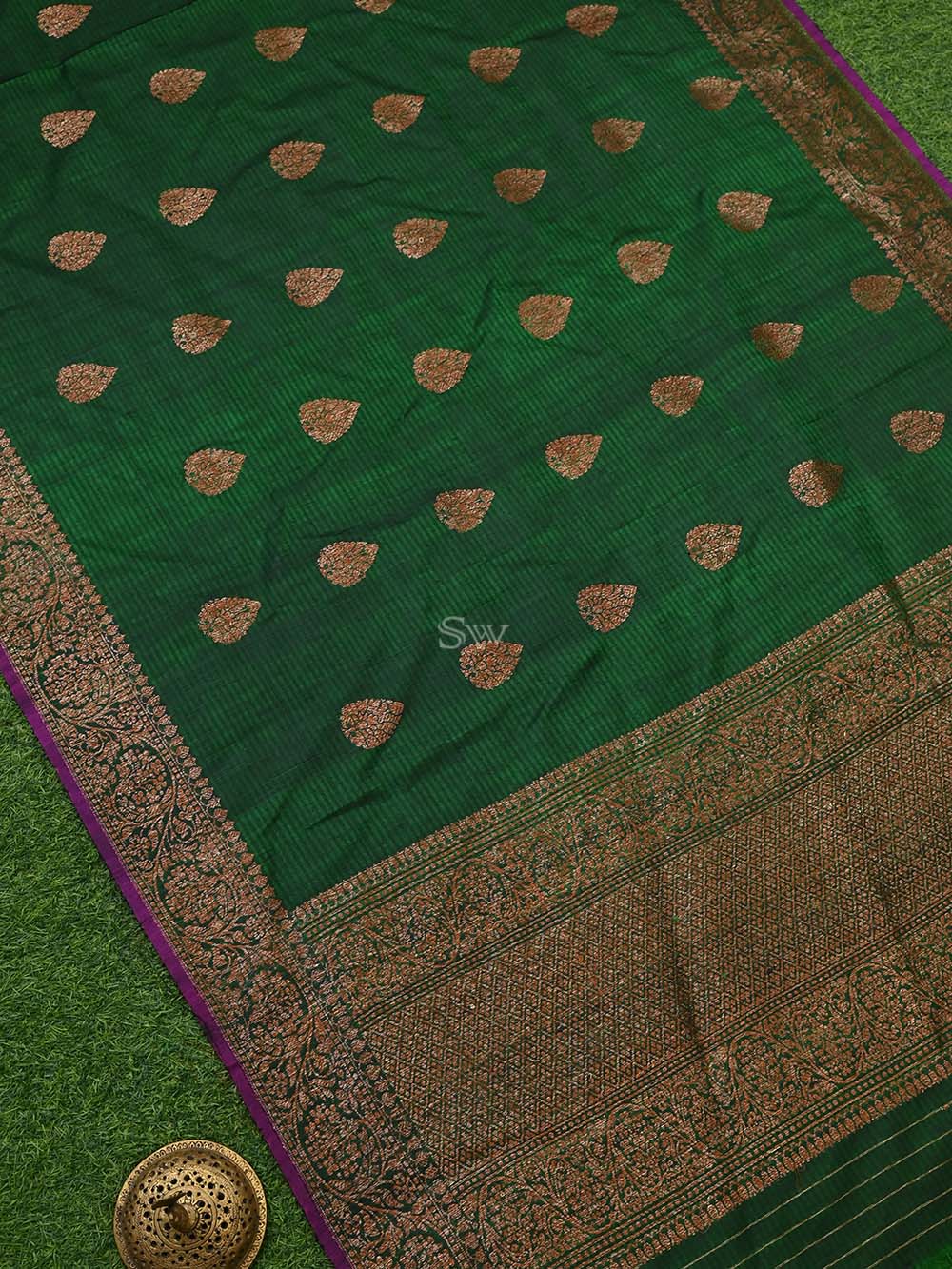 Bottle Green Dupion Silk Handloom Banarasi Dupatta - Sacred Weaves