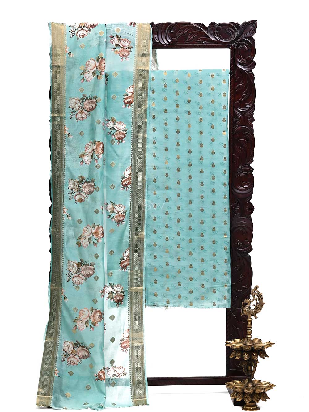 Sea Green Cotton Handloom Banarasi Suit - Sacred Weaves