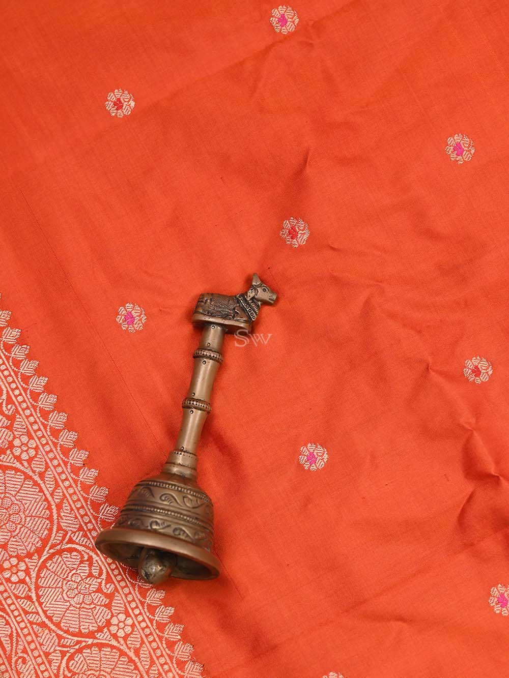 Orange Katan Silk Handloom Banarasi Dupatta - Sacred Weaves