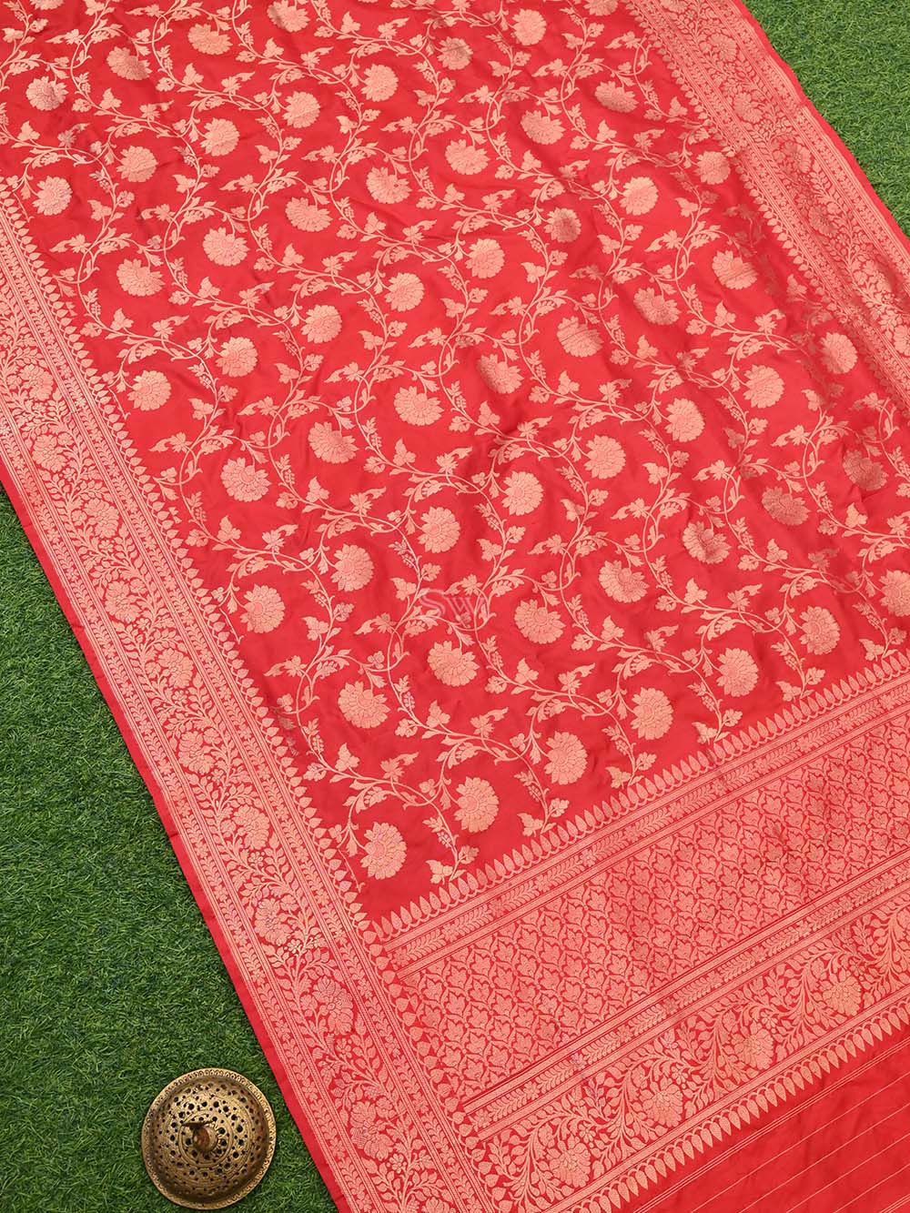 Red Jaal Katan Silk Handloom Banarasi Dupatta - Sacred Weaves