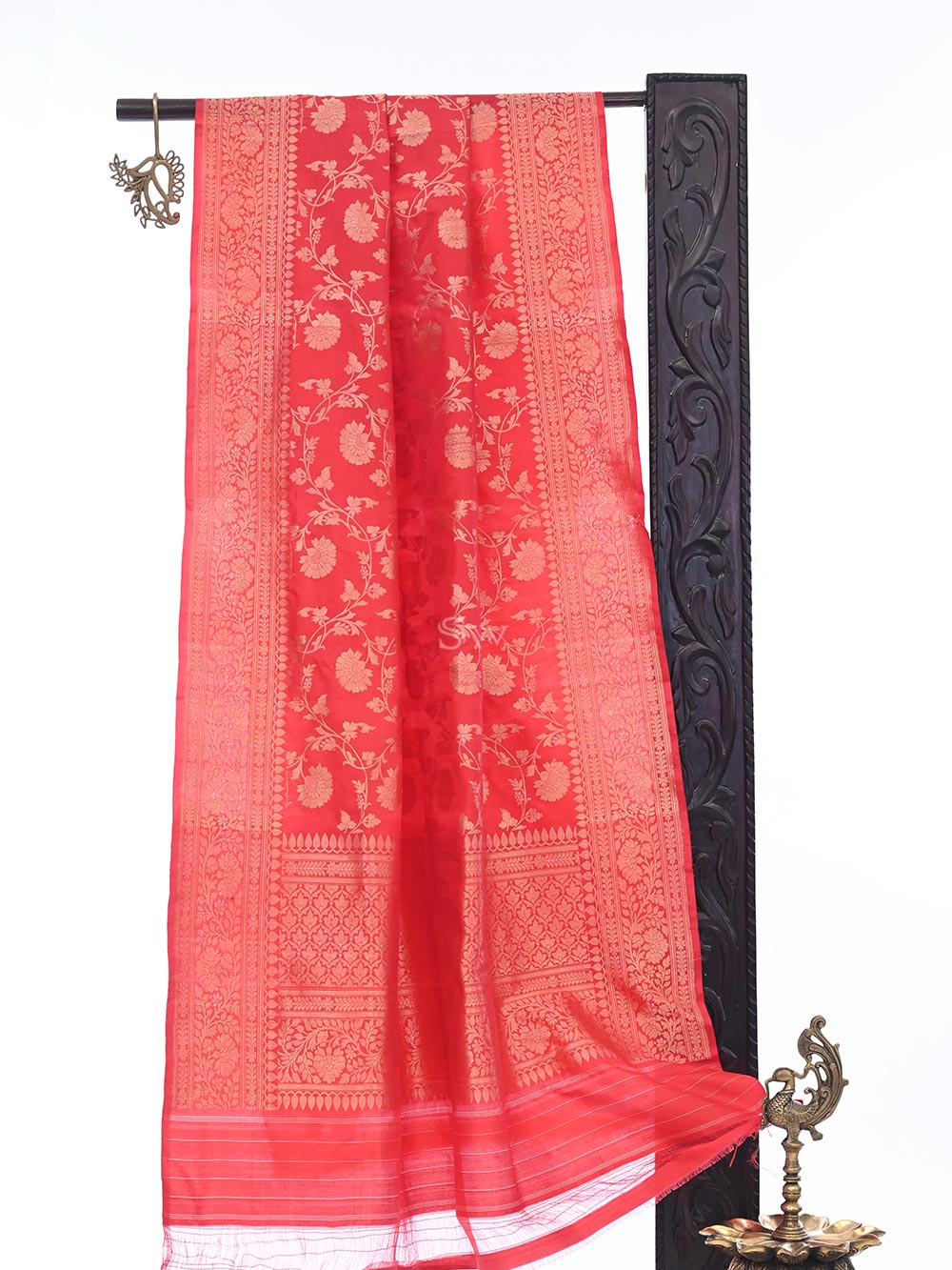Red Jaal Katan Silk Handloom Banarasi Dupatta - Sacred Weaves