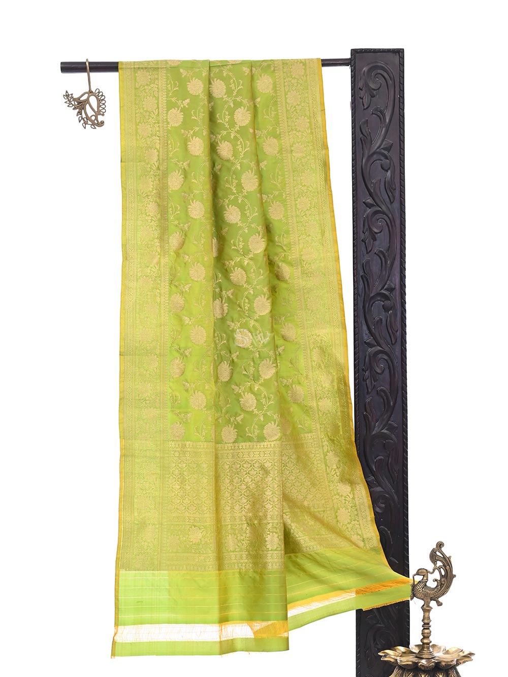 Parrot Green Jaal Katan Silk Handloom Banarasi Dupatta - Sacred Weaves