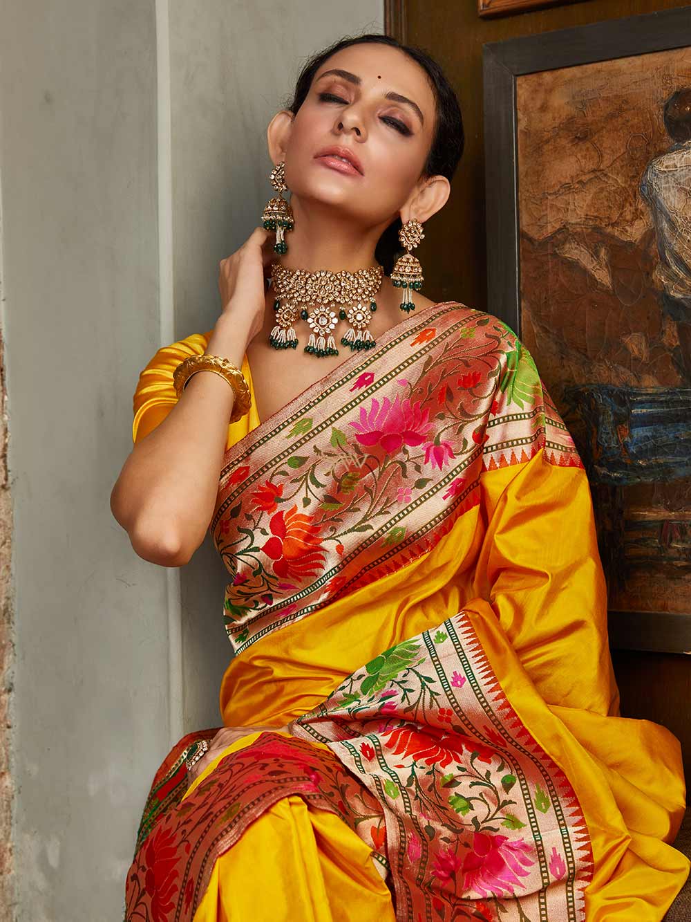 Yellow Paithani Katan Silk Handloom Banarasi Saree - Sacred Weaves
