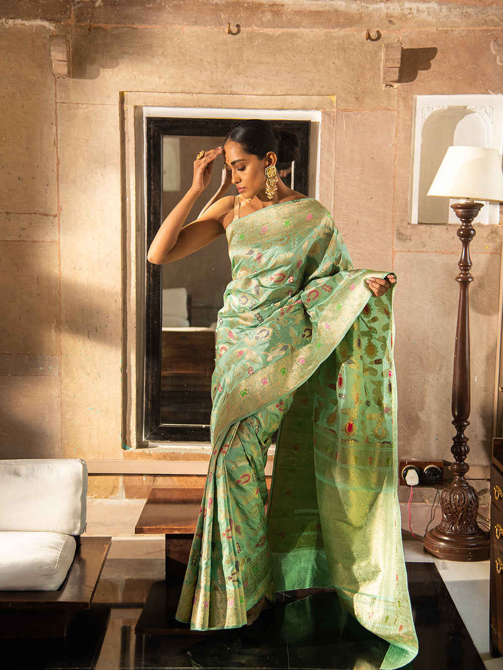 Mint Green Meenakari Katan Silk Handloom Banarasi Saree - Sacred Weaves