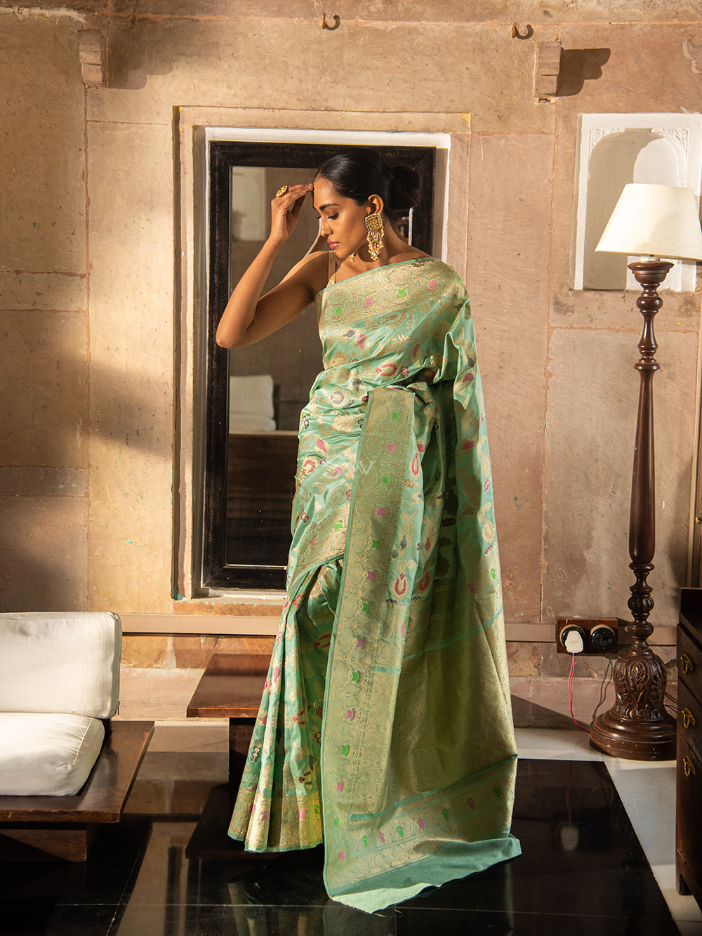 Mint Green Meenakari Katan Silk Handloom Banarasi Saree - Sacred Weaves