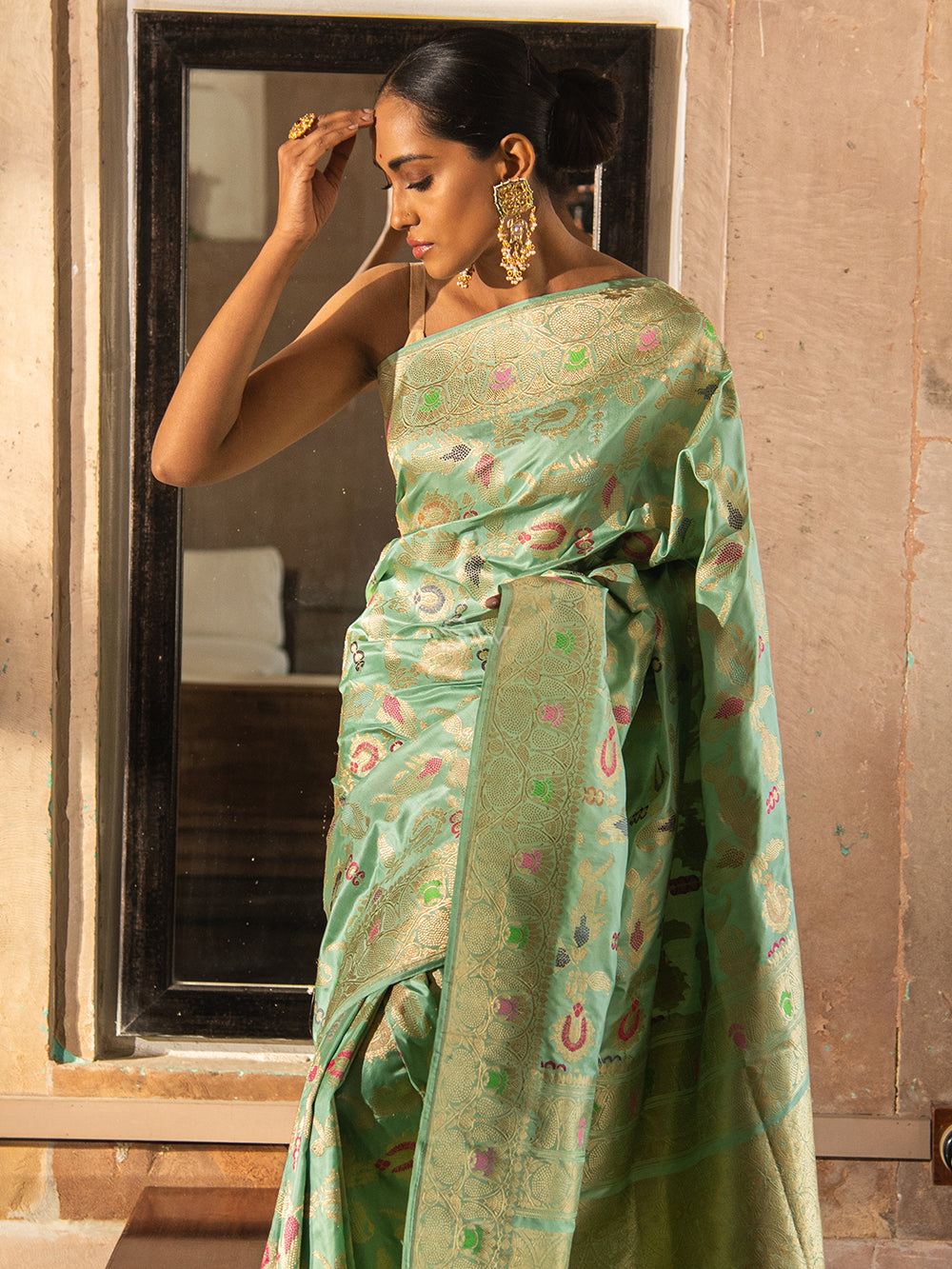 Mint Green Meenakari Katan Silk Handloom Banarasi Saree - Sacred Weaves