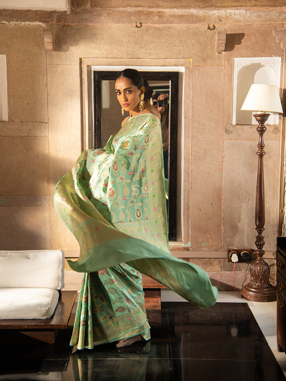 Mint Green Meenakari Katan Silk Handloom Banarasi Saree - Sacred Weaves