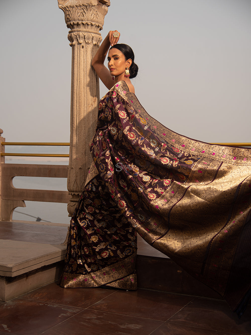 Buy Taupe Brown Sequins Embroidered Tissue Saree Online | Samyakk