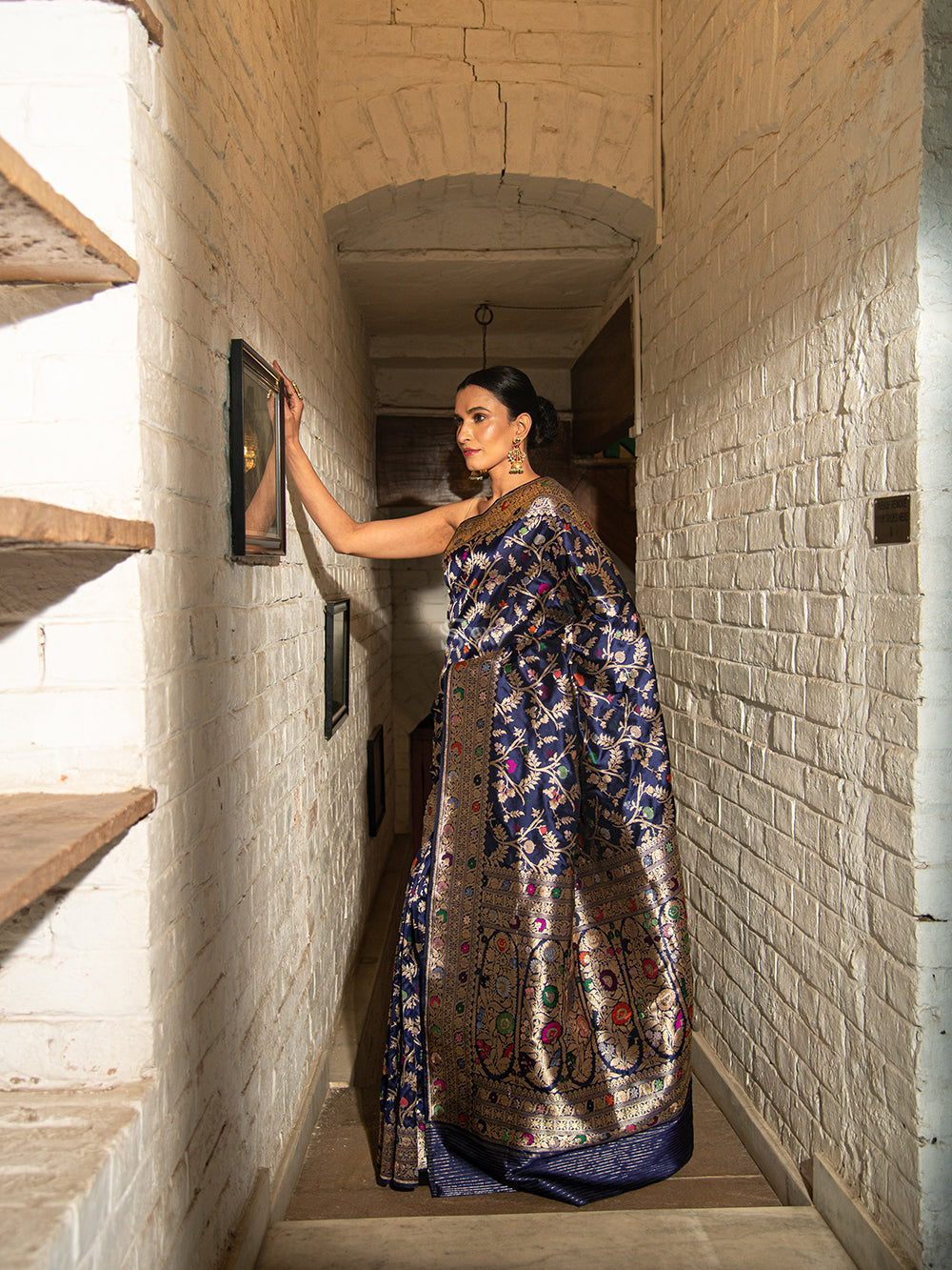 Navy Blue Meenakari Katan Silk Handloom Banarasi Saree - Sacred Weaves