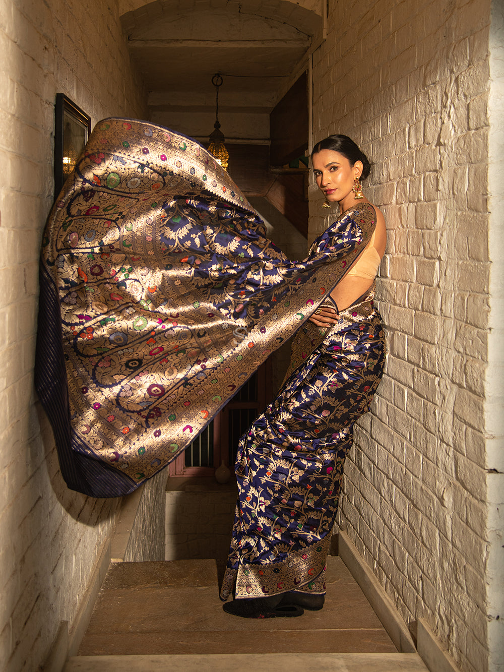 Navy Blue Meenakari Katan Silk Handloom Banarasi Saree - Sacred Weaves